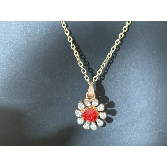 Vintage 18K Gold Plated Red/Clear Rhinestone Studded Pendant Necklace - Picture 1 of 9